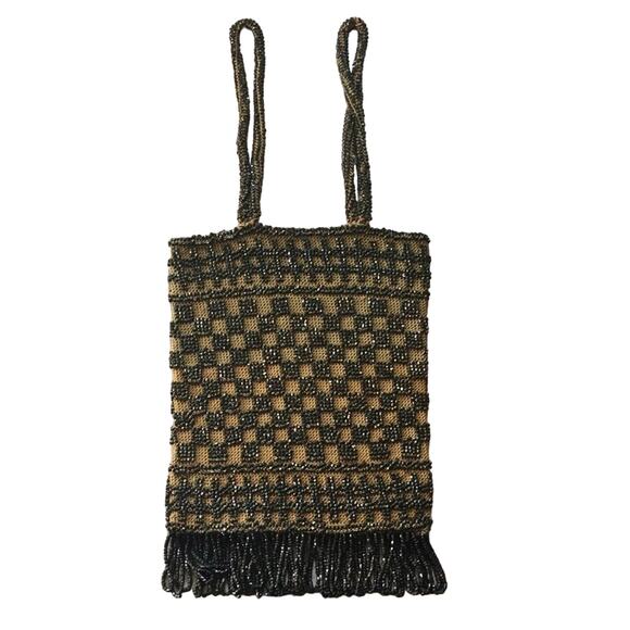 Vintage Handbags - Vintage beaded fringe checkerboard mini purse bag